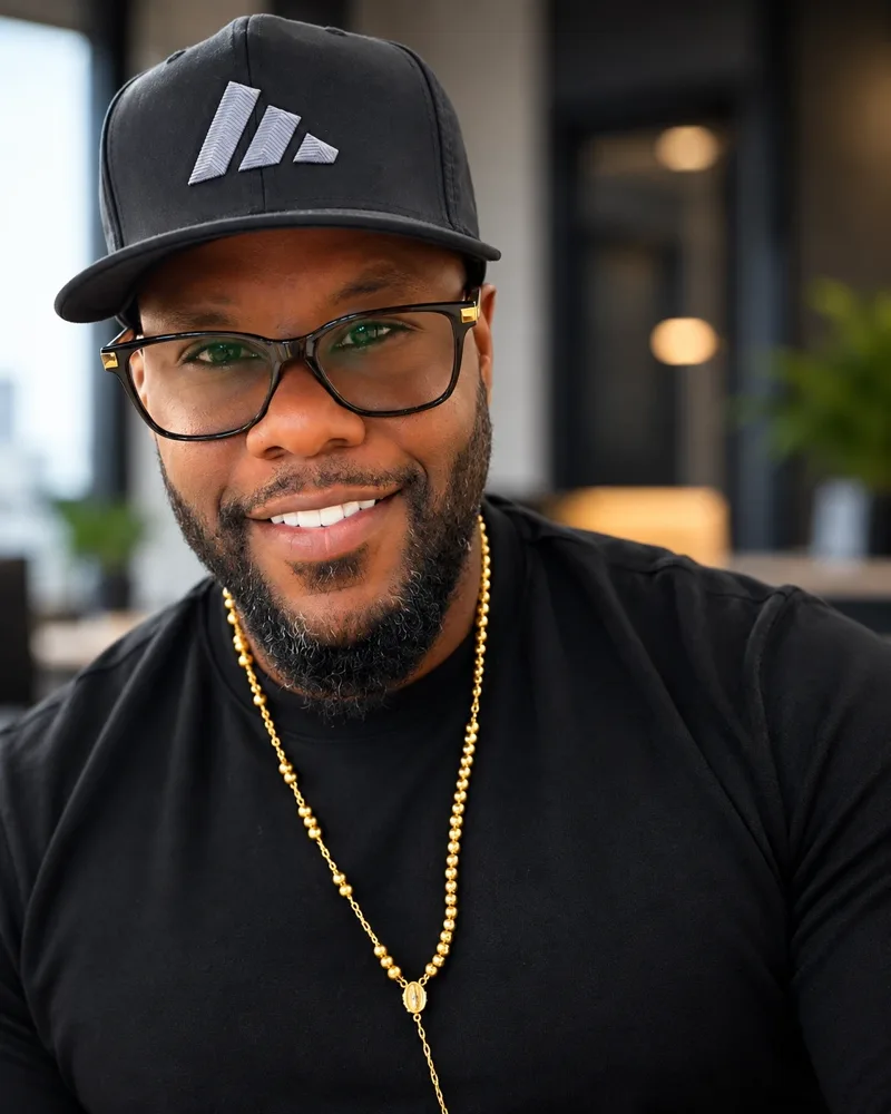 Kenny Bricks smiling in a black cap and glasses