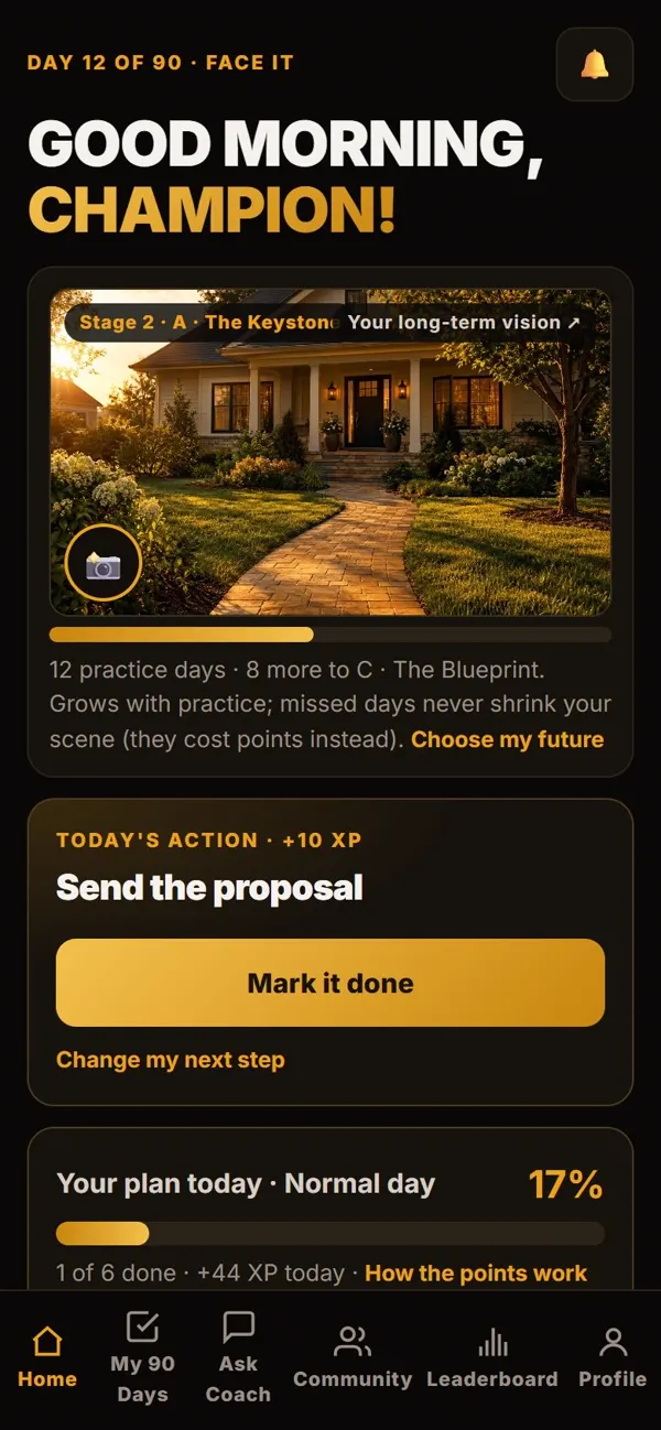 The Face Yourself app on a phone: Day 12, today's action and your future home growing as you practice